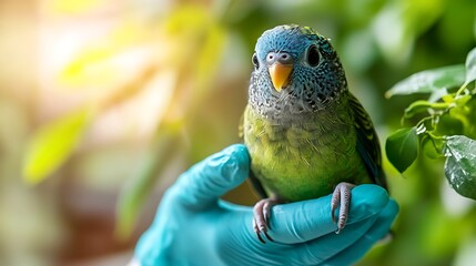 Gloved hand gently holding green parrot. Veterinary care and bird safety spotlighted for Bird Health Awareness Week. Focus on health checkups and proper handling
