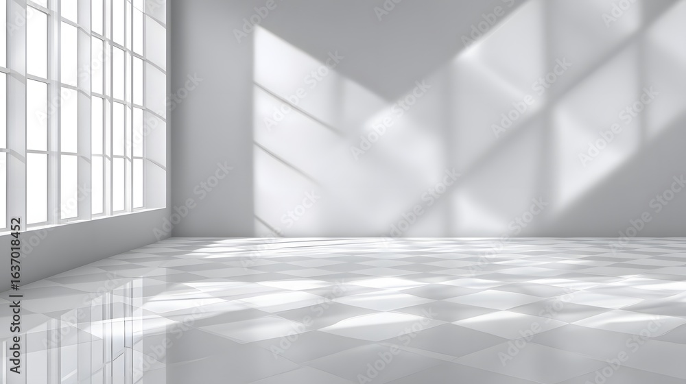 Poster empty room with large window and checkered floor.