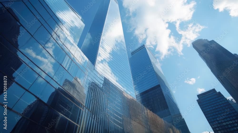Poster a high-rise building with multiple floors and windows visible from the ground level