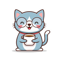 Obraz premium A cute cartoon cat wearing glasses and enjoying a cup of coffee. A cute cat holding coffee and smiling