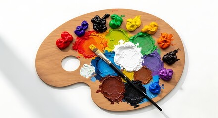 Top down view of a wooden artist palette with various colors of paint and a brush on a white background