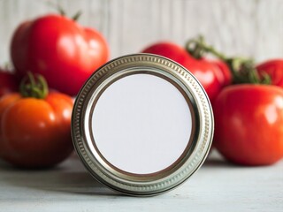 Canning jar lid sticker label mockup with ripe red tomatoes and blurred rustic white washed wood background