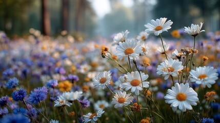 soft focus wildflower meadow with daisies and cornflowers in bloom © pier