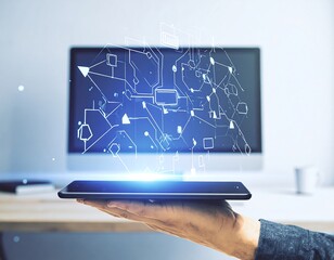 Hand holding tablet with digital circuit overlay