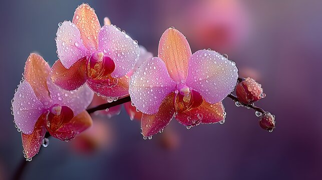 soft orchid blossoms with dew drops on vibrant purple background