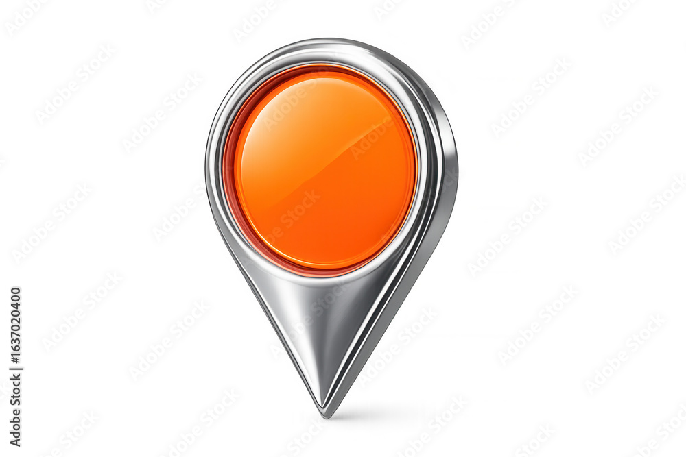 Aufkleber metallic map pin with orange center, marking geographical position on clear backdrop for precise loc