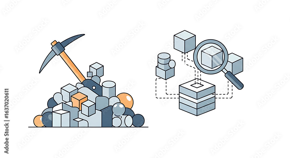 Poster data mining illustration showing a pickaxe and a magnifying glass with blocks and spheres scattered 