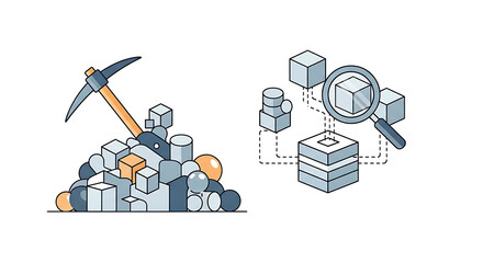 Data mining illustration showing a pickaxe and a magnifying glass with blocks and spheres scattered around