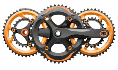 Close-up of bicycle crankset with three interlocking sprockets.  Orange accents on black components.  High-tech, modern design