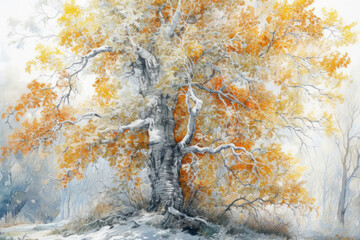 Fototapeta premium Watercolor illustration of a lone tree with a massive trunk and spreading branches, covered with the first snow. 