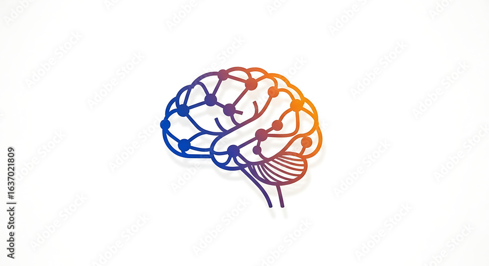 Poster an illustration of a brain with connected dots and lines on a white background in gradient color