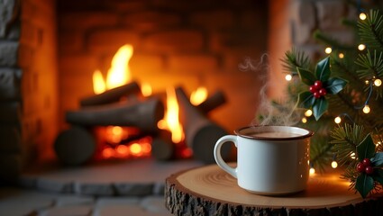 Warm Winter Drink by Fireplace: Cozy Christmas Eve Mug of Hot Cocoa with Festive Lights