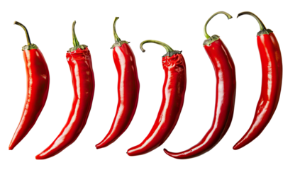 Five red chili peppers arranged in a horizontal row.  Each pepper displays a glossy, vibrant red hue, and a slightly curved shape. 
