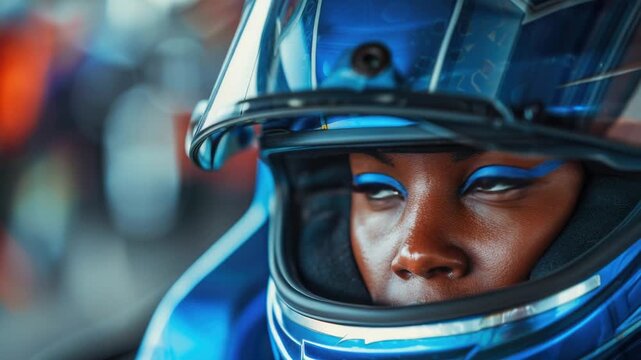 A close-up shot of a person wearing a helmet, ideal for usage in various scenarios such as sports, construction, or military contexts