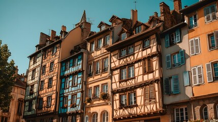 Colorful half-timbered buildings line a European street.