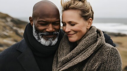 Affectionate Mature Couple Coastline Portrait Romantic Winter