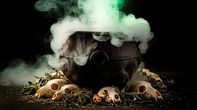 Halloween or magic. Green-lit smoke rises from a cauldron on an altar with skulls. The camera slowly pulls away.