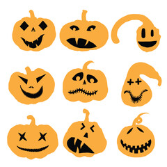 Halloween faces and pumpkins icon set. Spooky orange pumpkin smiles on white background. Emotional pumpkin face gestures for Halloween holiday and design decoration. Vector.