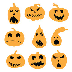 Pumpkin heads for Halloween emotions faces and spooky horror set. Halloween character design and pumpkins funny faces for carving and cut outs. Autumn holidays. Carved faces silhouettes. Vector.