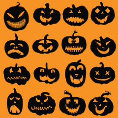 Obraz premium Halloween faces and pumpkins icon set. Spooky black pumpkin smiles on orange background. Emotional pumpkin face gestures for Halloween holiday and design decoration. Vector.