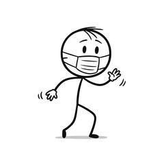 Fototapeta premium Stick figure wearing a face mask, smiling and waving, against a simple white background, concept of health awareness or public safety