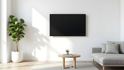 Modern Minimalist Living Room: Flat-Screen TV, Sofa, Plant, and Natural Light