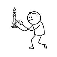 Stick figure person lighting a candle with focused expression in a minimalist drawing style against a plain white background, concept of home decor or event planning