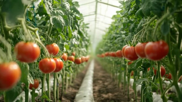 A greenhouse filled with many ripe tomatoes ready to harvest