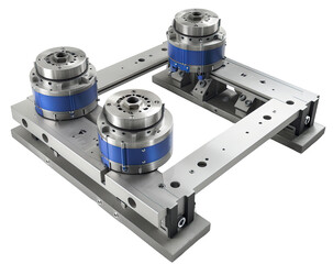 Four-station precision clamping system.  A square-shaped, metal machine base supports fou