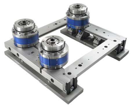 Four-station precision clamping system.  A square-shaped, metal machine base supports fou