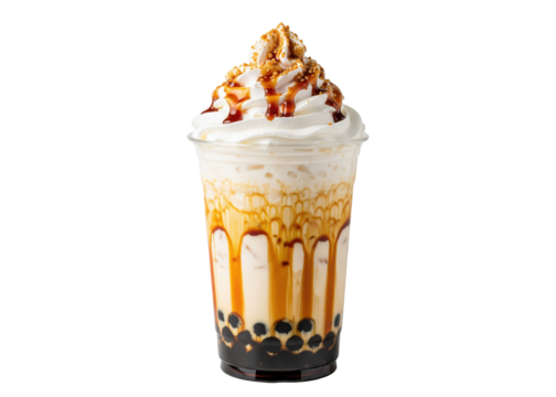 brown sugar boba milk tea with whipped cream and cookie crumbs