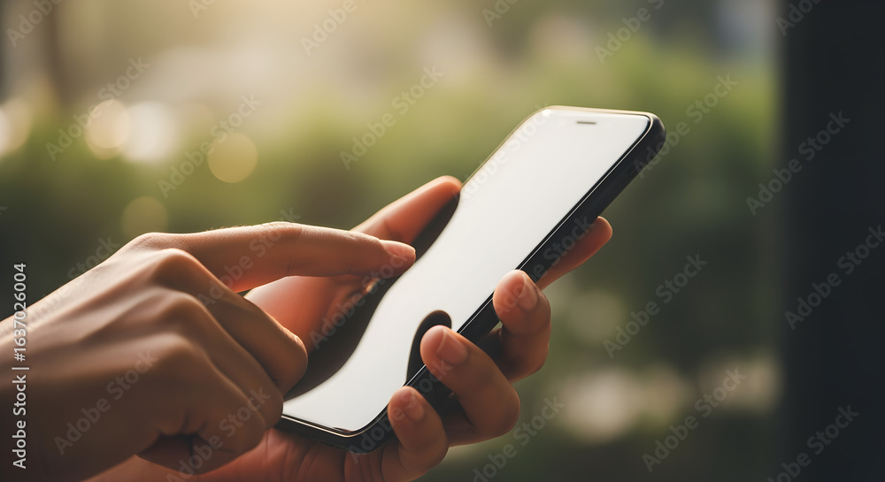 Poster hands using smartphone with blurred green city view from window warm natural light mobile technology
