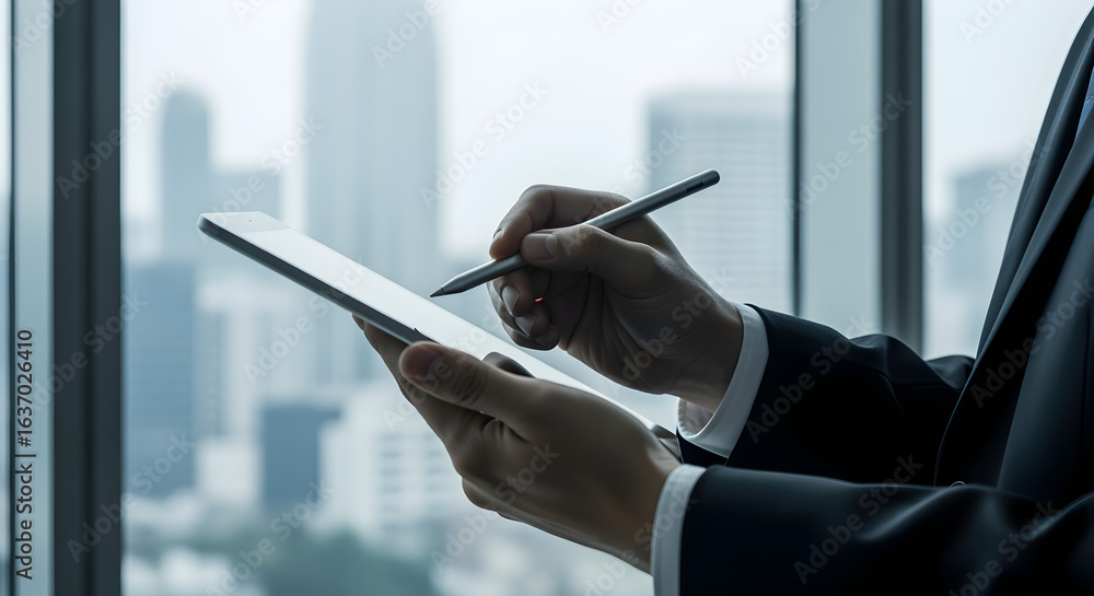 Aufkleber hands using stylus on tablet device near window with blurred cityscape background