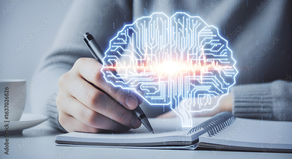 Poster hands write in notebook with blue brain illustration and a warm glow light on desk