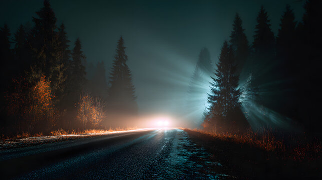 Misty forest road at night with car headlights