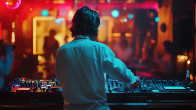 A person standing in front of a DJ equipment setup with speakers and turntables