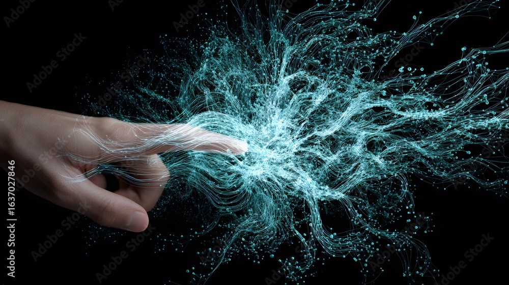Poster a human hand interacts with a network of interconnected data points.