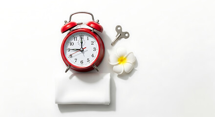 A red alarm clock with a white flower and a key on a white background in a flat lay arrangement