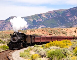 Steam train curving through desert mountains