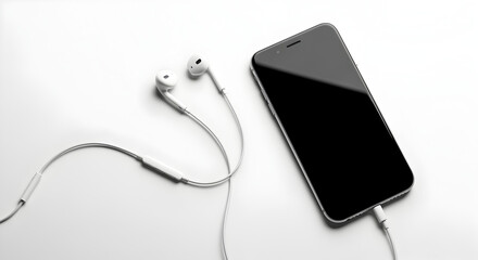 Obraz premium High Contrast Smartphone with Blank Screen and Wired Earphones in White Studio Setting Featuring Modern Tech