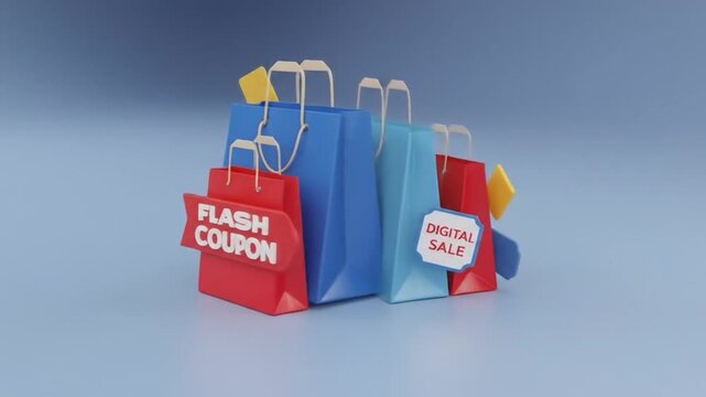 Colorful shopping bags with coupons on a smooth surface for online advertising or promotion