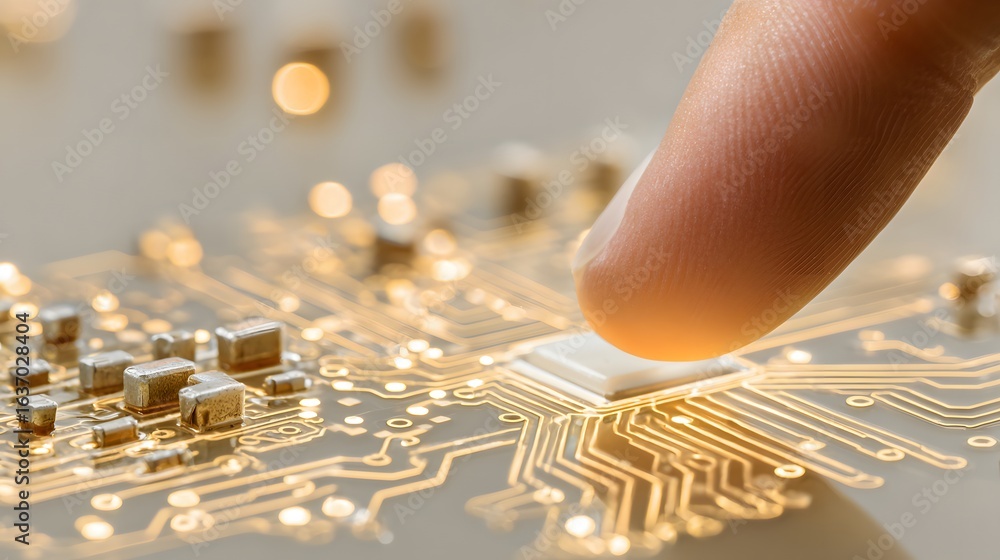 Poster close-up view of a finger touching a microchip on a circuit board.