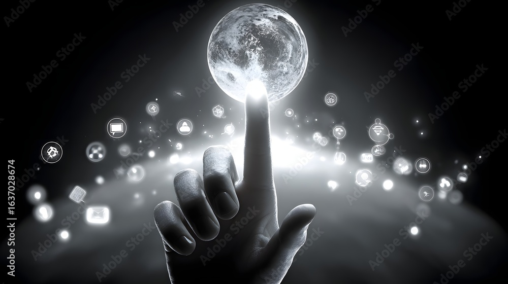Poster hand interacting with digital planet and data stream.