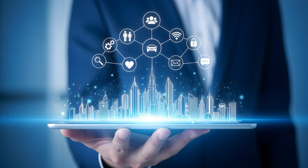Holding Tablet with Glowing Cityscape Hologram and Icon Overlay in Business Environment Featuring Modern Technology And
