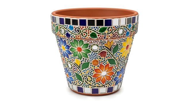 A decorative terracotta flower pot adorned with a vibrant, colorful floral mosaic design.