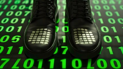 A pair of black leather boots on a reflective surface displaying green binary code, symbolizing technology and cybersecurity

