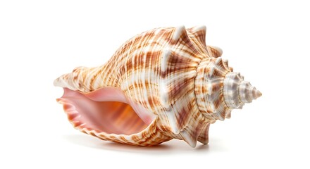 Exquisite detailed spiraling conch shell with natural patterns isolated on a pure white background