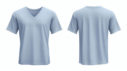 Plain simple light blue V-neck t-shirt 3D mockup displaying front and back perspectives for your unique clothing designs on a clean white background