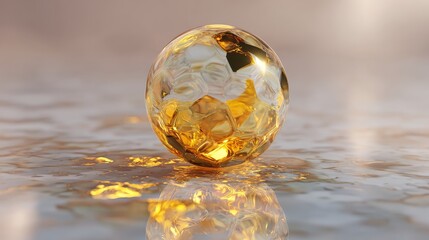 Abstract Crystal Sphere Filled with Glossy Liquid and Radiant Golden Light Reflection