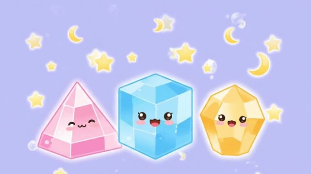 Whimsical concept of cute kawaii crystal characters. A smiling pink pyramid, blue cube, and yellow gem on a magical lavender background with stars and moons.
